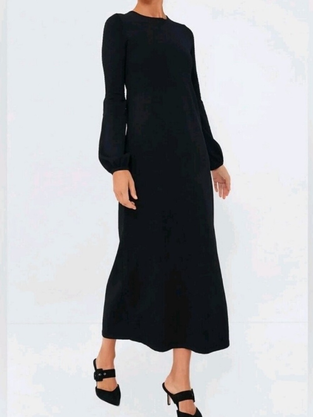Pomander Place Elegant Black Midi Dress with Pearl Sleeves